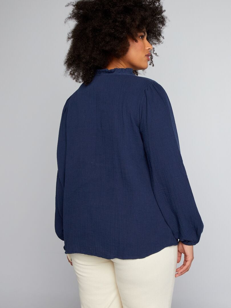 Blouse van katoenen gaas met rucheskraag - ZWART