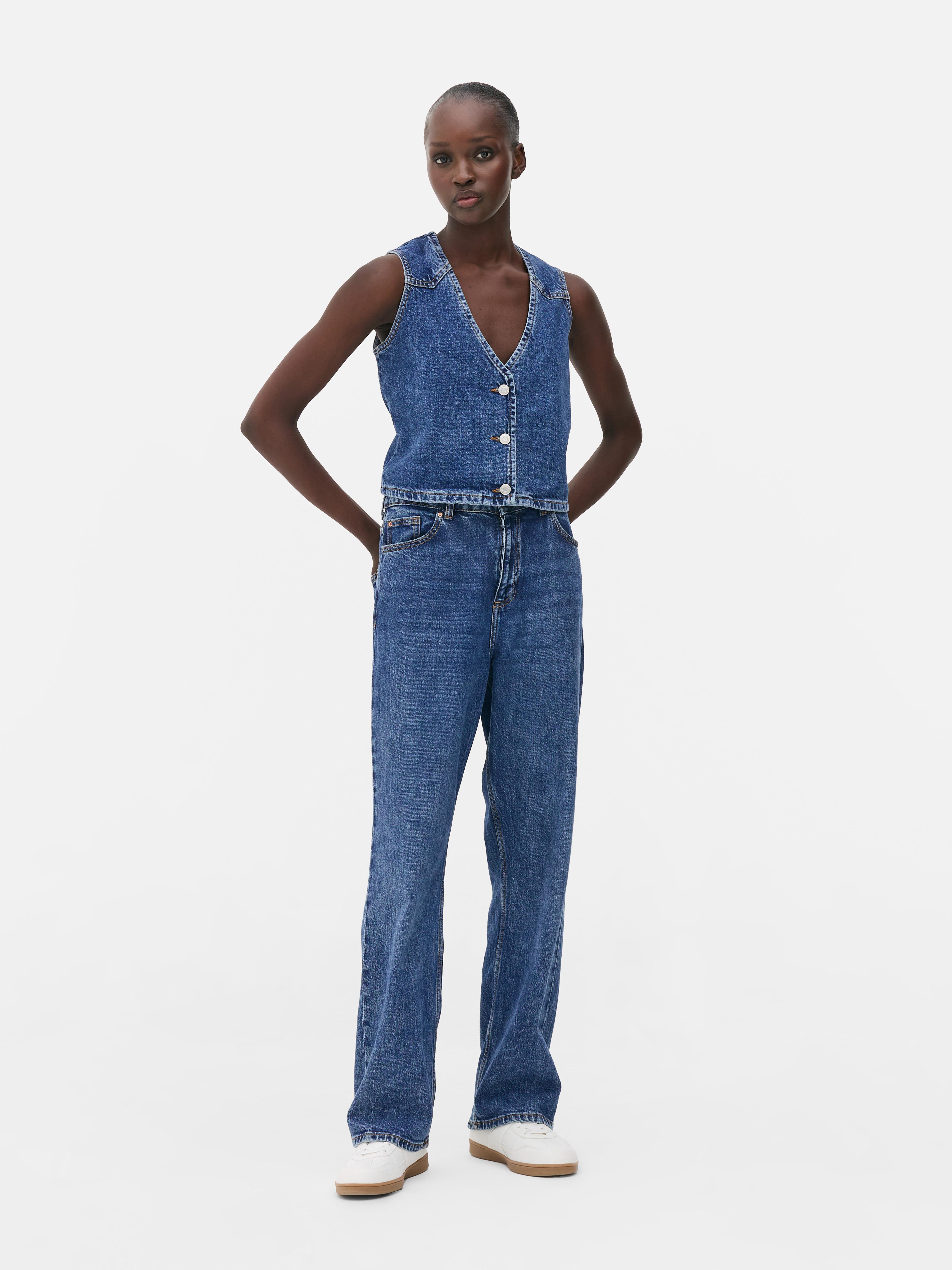 Vestă din denim cu nasturi Vestă din denim cu decolteu în V și închidere cu nasturi în față