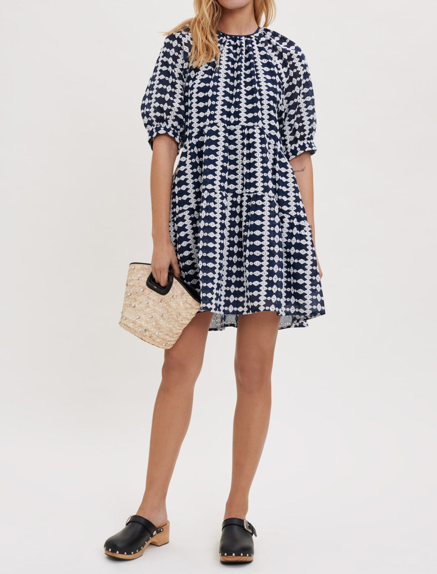 Rochie brodată - Bleumarin / Ecru