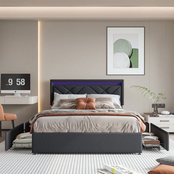 Complete slaapkamerinrichting voor volwassenen, bestaande uit een bedframe van 160x200 cm, een tweepersoonsbed, een opbergbed van 160x200 cm, een bed met ledverlichting, een hoofdbord met ledverlichting, 4 lades en beddengoed in donkergrijs.