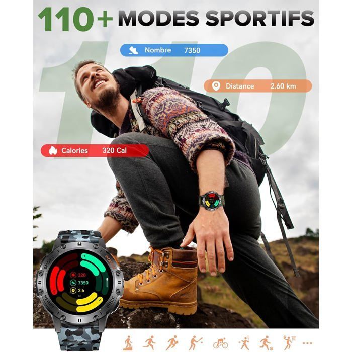 Sport-Smartwatch für Herren: IP68 wasserdichte Fitness-Smartwatch mit LED-Taschenlampe, Schrittzähler - Bluetooth-Anruffunktion kompatibel [YC532]