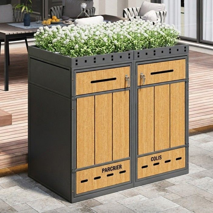 Cache-poubelle double 240L - LANGTU - Abri conteneur acier effet bois - Toit végétal - Verrouillable - Anti-corrosion