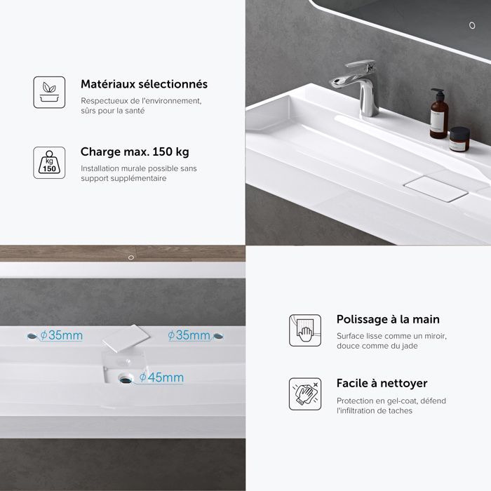 Lavabo mural Doporro con desagüe, blanco, 120x46x11cm, lavabo rectangular con 2 orificios, Colossum19