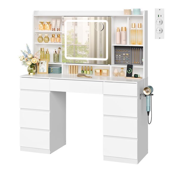 Coiffeuse avec Miroir LED Coulissant et Multiprise - WOLTU Grande Coiffeuse avec 9 Tiroirs - Blanc