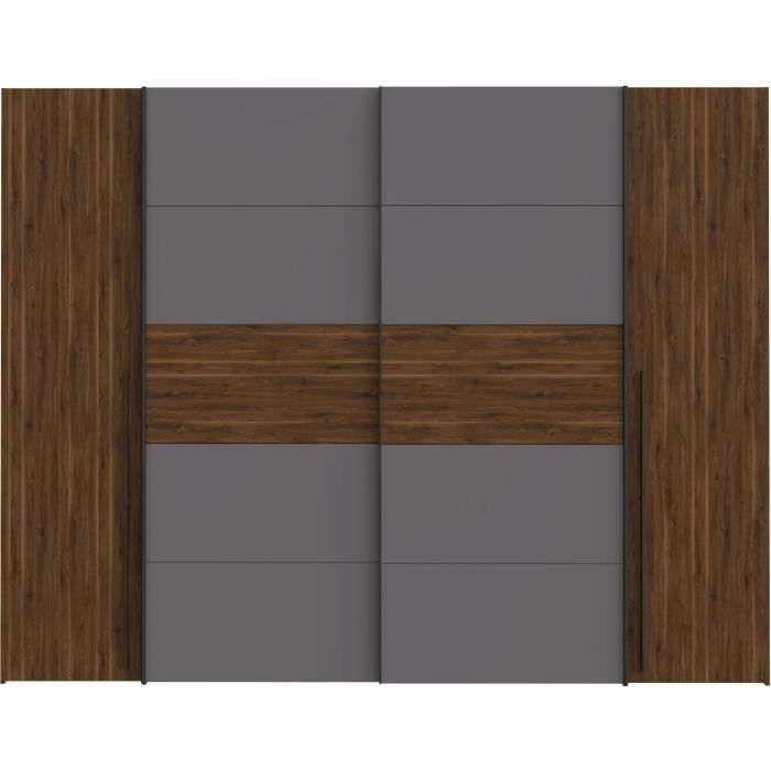 Armoire NARAGO - Décor Noyer Bakersfield et gris - 2 portes coulissantes + 2 portes battantes - L270 x P61 x H210 cm