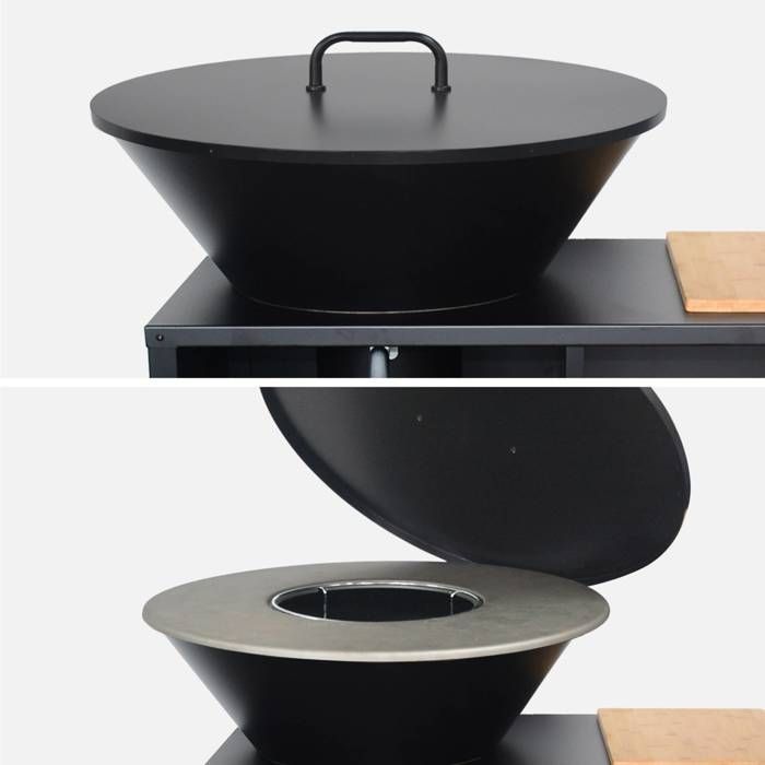 Brasero para barbacoa STROMBOLI de 80 cm de diámetro, carrito de servicio con espacios de almacenamiento y tapa.