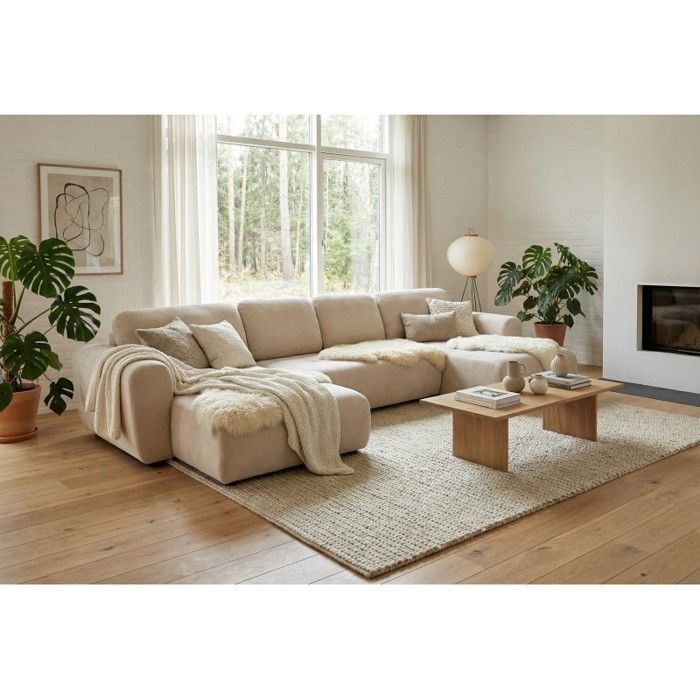 Canapé d’angle panoramique convertible Binigia U XL 6 places – Tissu velours beige  - 380 cm