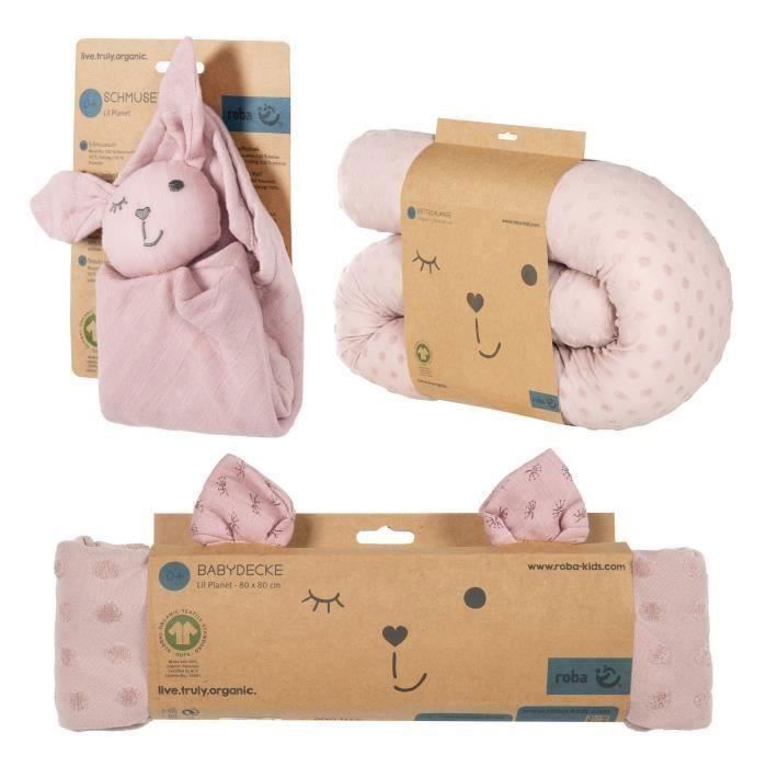 ROBA Coffret Bébé Lil Planet - 3 PCS - 1 Coussin Traversin + 1 Couverture + 1 Doudou - Cadeau de Naissance - Rose