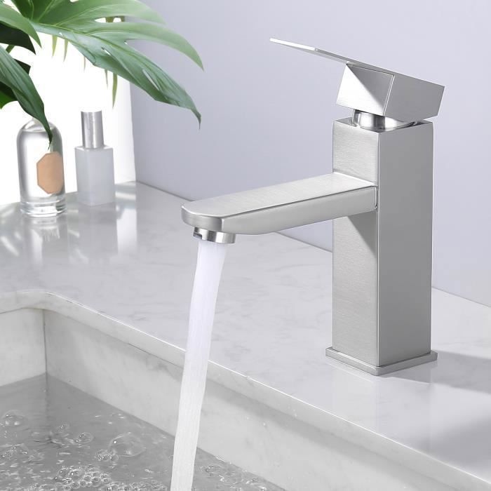 Robinet Mitigeur de Lavabo Brossé Robinet Salle de Bain Carré Robinetterie en Acier Inox - HOMELODY
