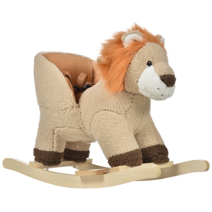 Caballo balancín - HOMCOM - modelo león con función musical, silla de montar acolchada y cómoda, 18-36 meses - madera - 68x35x50cm - marrón