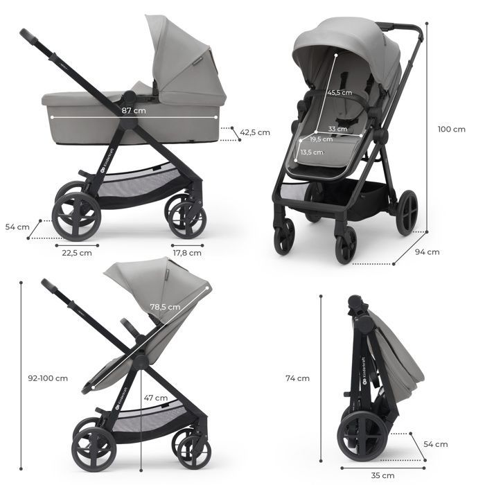 Poussette 3 en 1 Combinée Kinderkraft NEWLY, avec Siège auto I-size, Système de voyage, Légère 7,5 kg, Plie, Gris