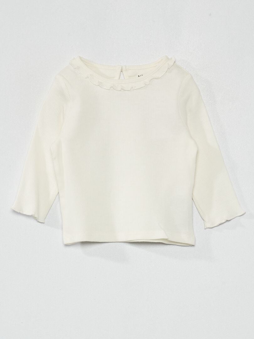 Camiseta de punto acanalado con cuello de volantes - Blanca