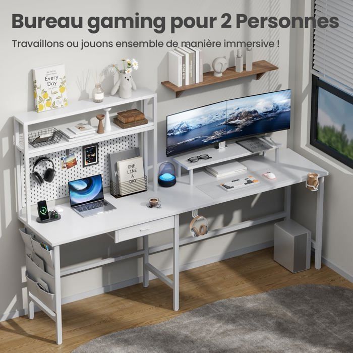 HLONONE, mesa de canto para jogos em formato de L, 150 x 100 cm, com iluminação LED, tomada elétrica e porta USB integradas, gaveta e bolsa de armazenamento, branca.