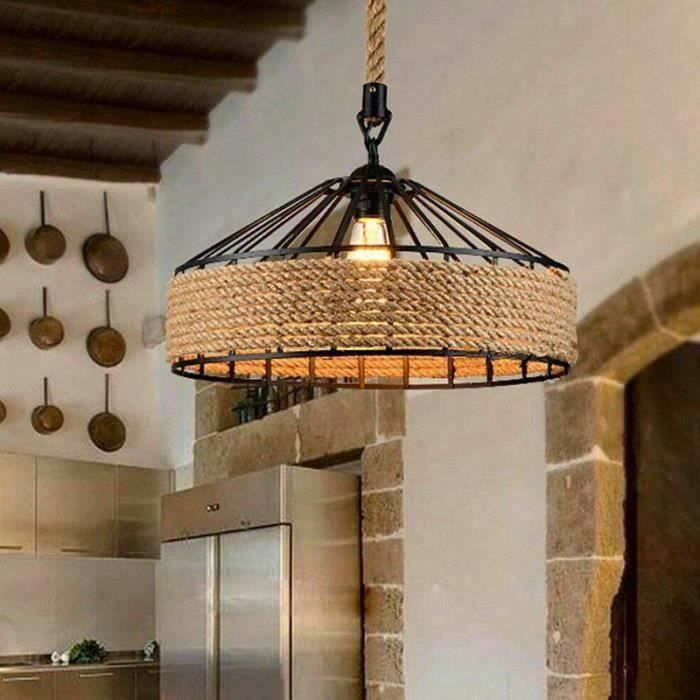 Suspension en corde de chanvre - Noir - Ø30 cm - E27 - Design rétro - Éclairage intérieur