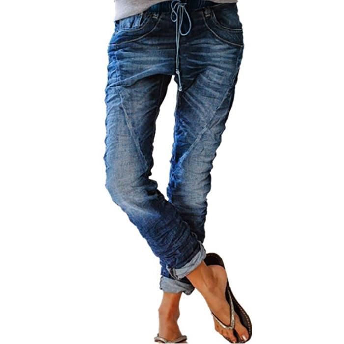 Jeans Femme - FUNMOON - Droit - Taille Élastique - Grande Taille - Bleu Foncé