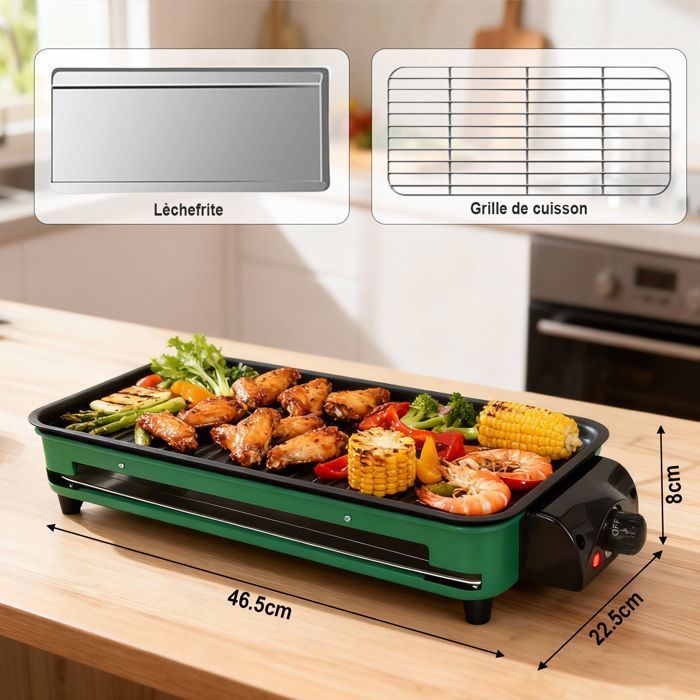 Plancha eléctrica multifuncional con termostato ajustable, bandeja recogegrasa, placa antiadherente y parrilla metálica para barbacoa - 46 x 22 cm