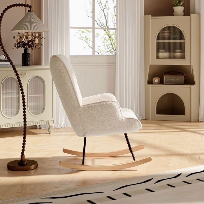 Mecedora relajante, mecedora de terciopelo Teddy, silla de lactancia, mecedora para sala de estar/dormitorio, madera maciza, beige.