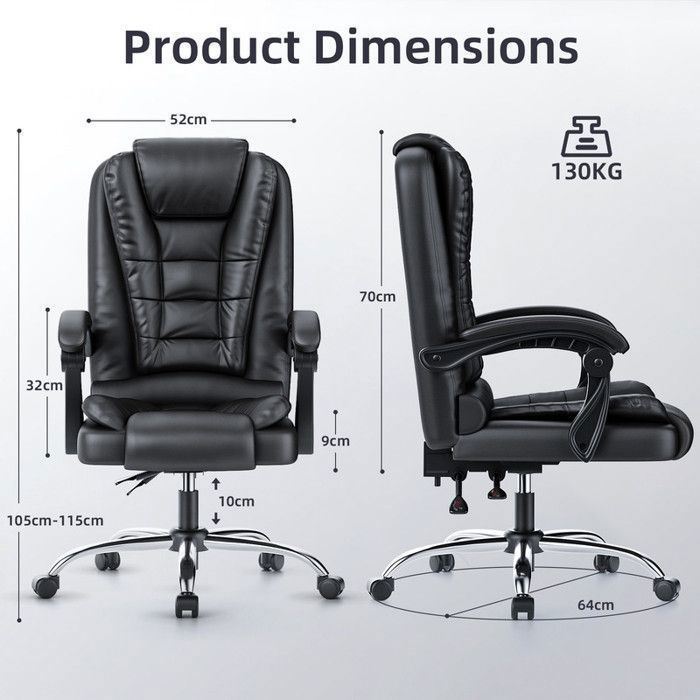 BIGZZIA Office Chair, Armchair with Wide Padded Seat, Ergonomic Leather Seat, 10 cm Adjustable Height, Black
