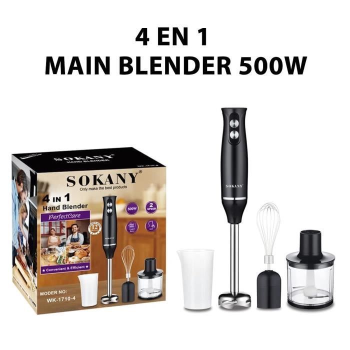 Meidong Mélangeur à Main 500 W, 5 en 1 Mixeur Multifonction , robot culinaire 500 ml, bécher 600 ml et mixeur – 9 vitesses, sans