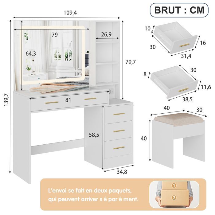 Penteadeira - Penteadeira moderna de 140 cm - LED ajustável - Tomada e porta USB - 5 gavetas