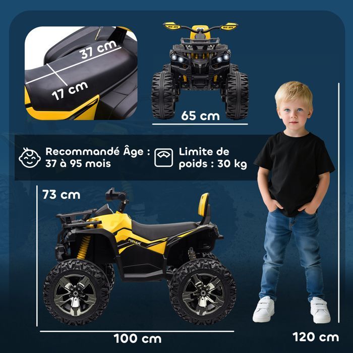 Children's Electric Quad Buggy - HOMCOM - 12V 8 km/h Max. - Light and Sound Effects - Front Luggage Rack - Metal PP - Yellow/Black