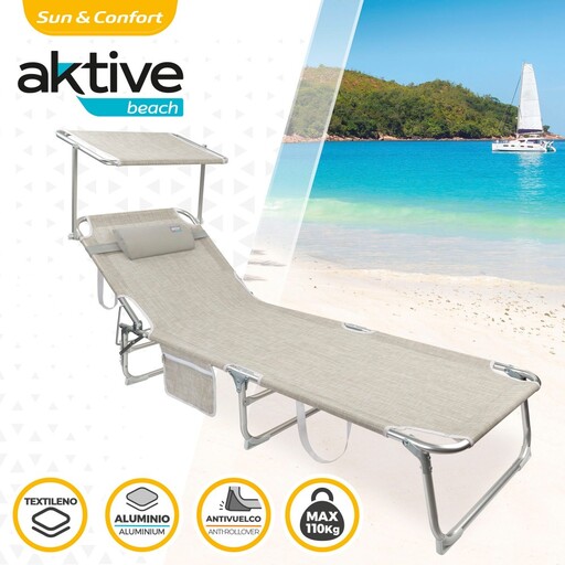 Aktive Beach Folding Sun Lounger with Parasol and Cushion
