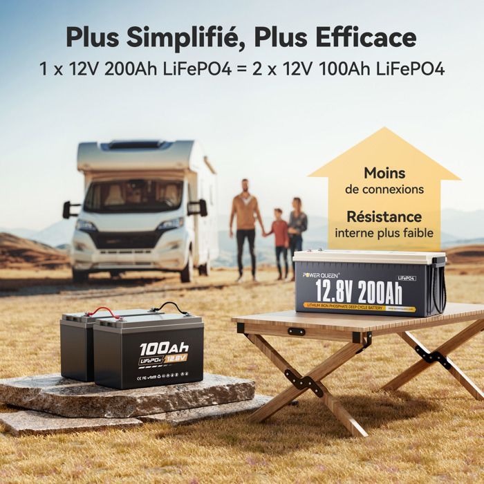 Batería de litio LiFePO4 Power Queen de 12 V, 200 Ah y 2560 Wh con BMS de 100 A para autocaravanas, caravanas, viajes, embarcaciones y sistemas solares.