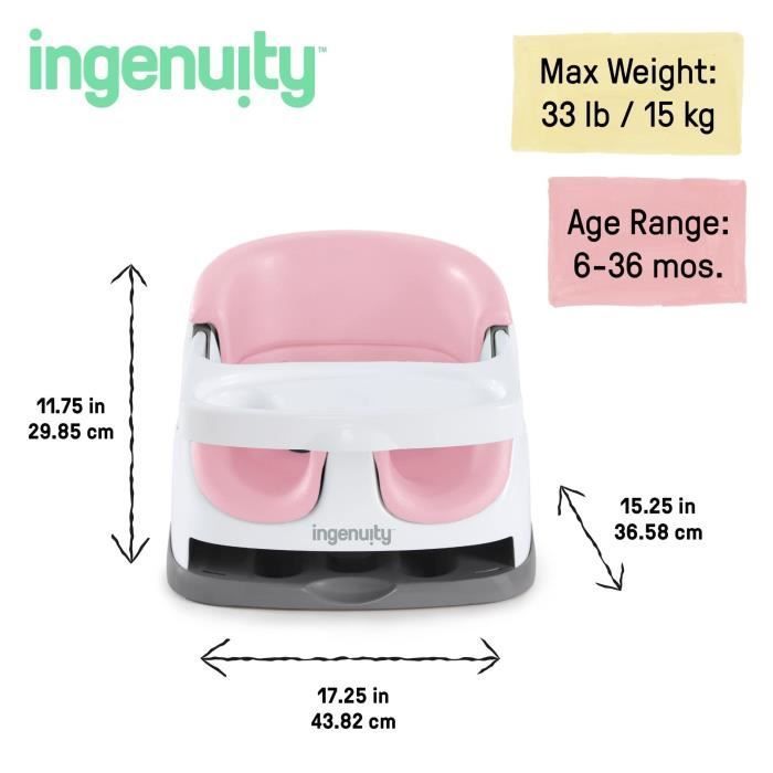 Seggiolino rialzato INGENUITY per bambini dai 6 mesi ai 3 anni, base 2 in 1 Peony, vassoio rimovibile, facile da riporre e pulire.