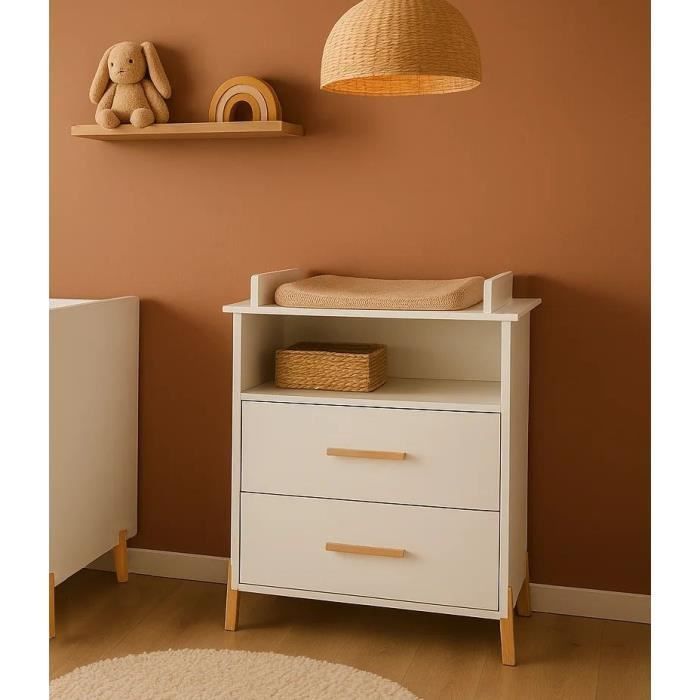 Babyprice Joy Natural Commode - 2 Laden - 1 Nis - Wit - Op Natuurhouten Poten