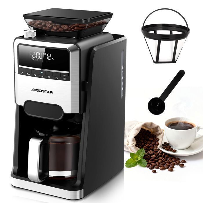Macchina da caffè Aigostar con macinacaffè integrato, 1400 W - Macchina per caffè filtro, 1,5 l (12 tazze) - 7 impostazioni di macinatura e 3 livelli di intensità - Programmabile 24 ore su 24