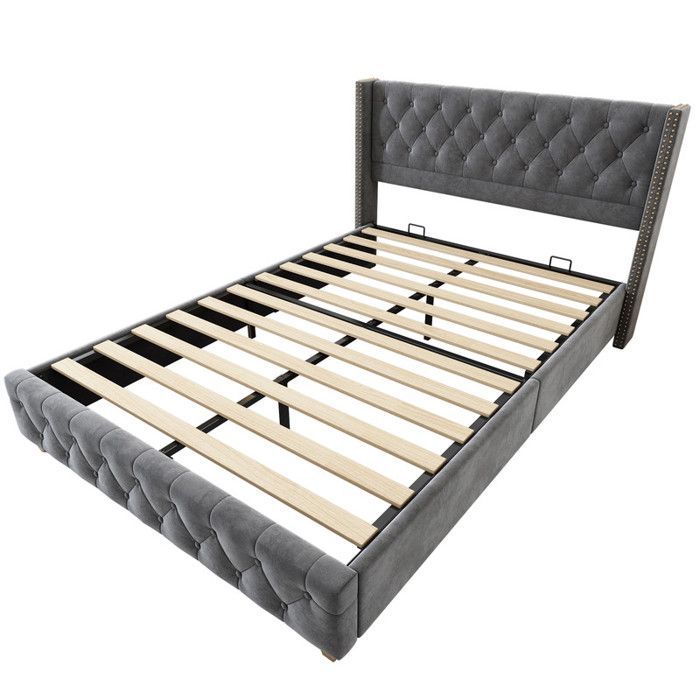 140x190 cm bed with slatted base and headboard, velvet double bed with wooden legs, upholstered double bed, grey