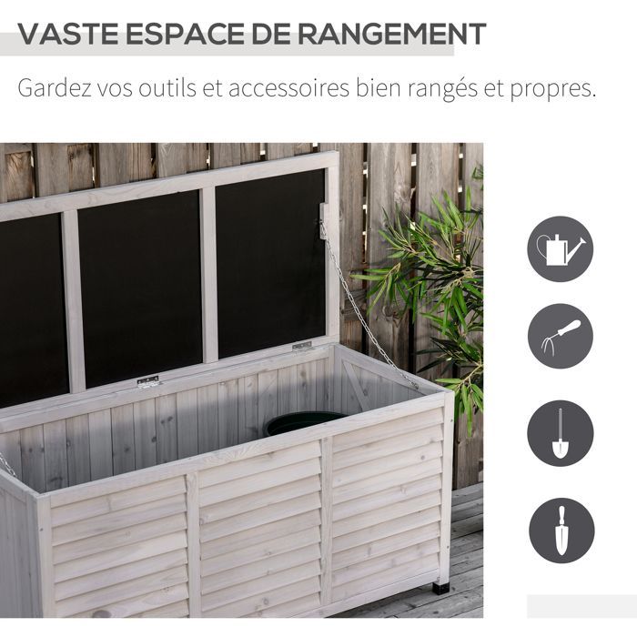 Caja de almacenamiento exterior Outsunny - 283 L - pequeñas aberturas en la parte inferior - 2 cadenas - de madera - 127 x 56 x 60 cm - gris