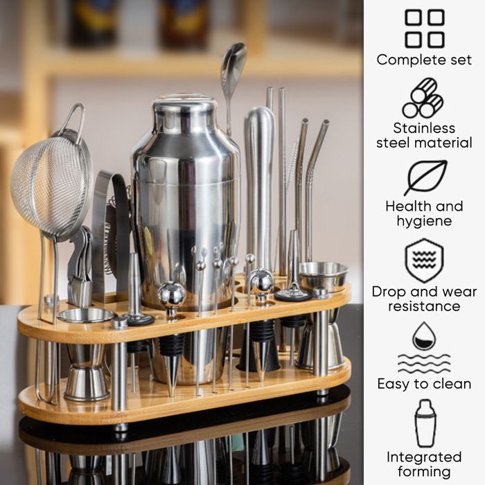 Set da shaker per cocktail da 750 ml, set da 23 pezzi in acciaio inox con supporto in legno, kit professionale da barman, include colino e misurino per miscelare