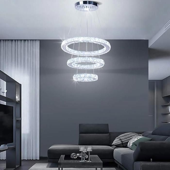 Lustre LED 3 anneaux en cristal Swarovski - Effet prisme, finition chromée pour salles à manger de luxe