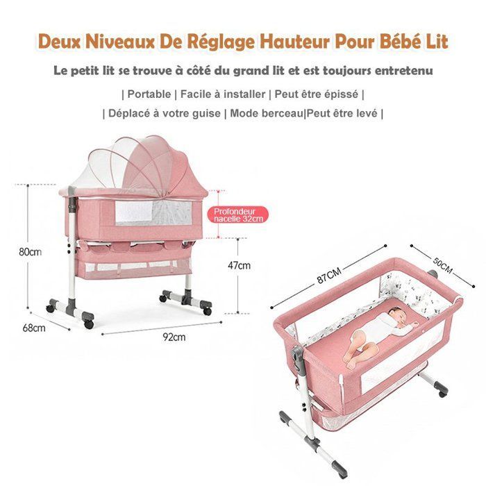 Lit Bébé Berceau Cododo pour Bébé 0-36 Mois, Hauteur Réglable Lit Cododo avec Matelas Moustiquaire Panier de Rangement Roues - Rose