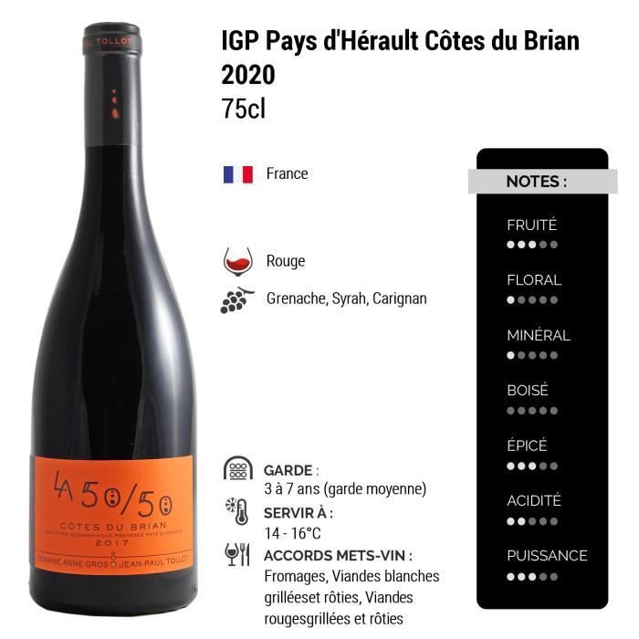 Pays d'Hérault Côtes du Brian La 50-50 Rouge 2020 - Lot de 3x75cl - Domaine Anne Gros et Jean-Paul Tollot - Vin IGP Rouge du