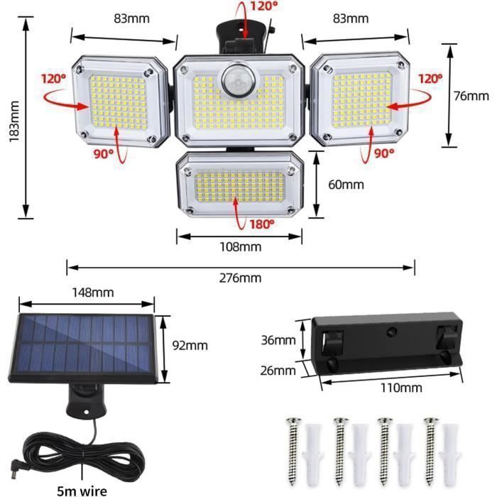 KENLUMO 333LED Lampada solare a LED con sensore di movimento, 3 modalità di illuminazione, faretto impermeabile IP65 per giardino - con telecomando