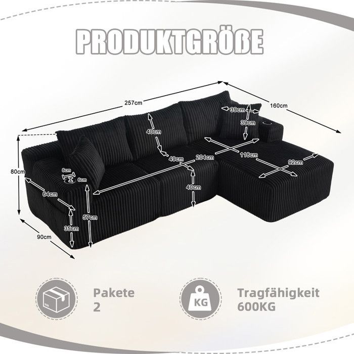 Canapé d'angle 3 places，Canapé modulable, velours côtelé, 5 coussins, poches latérales et porte-gobelets, Noir,257×90-160×62cm