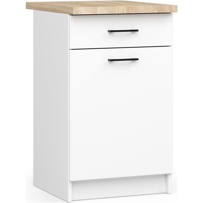Meuble de cuisine bas AKORD S50 OLIWIA modulable Blanc 50 cm 1 porte 1 tiroir façade Blanche 2 étagères 50x46x85 cm