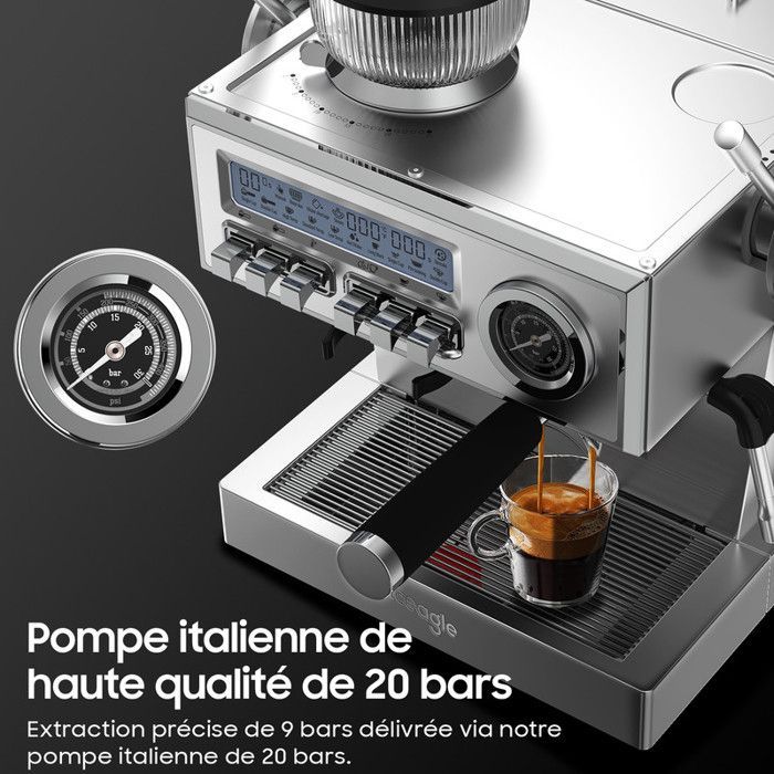 Iceagle Machine à expresso - Italienne Pompe 20 bars - 1350 W - 25 réglages - Broyeur Intégré - LCD Display - 3 Température - 1,6 L