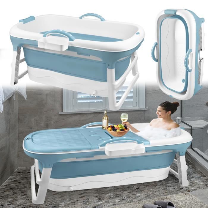 Aufun 118 x 62 x 53 cm Foldable Bathtub with Cover and Massage Rollers, Portable Bathtub, Blue