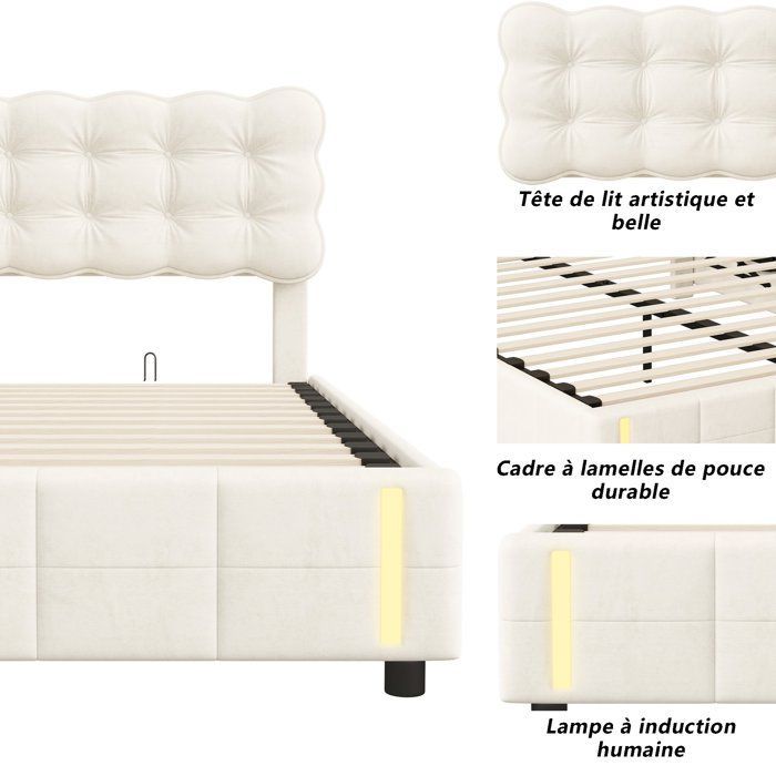 Tweepersoonsbed met opbergruimte (140x200 cm), hoofdeinde bekleed met fluweel, lattenbodem, inductielamp aan het voeteneinde, modern, beige