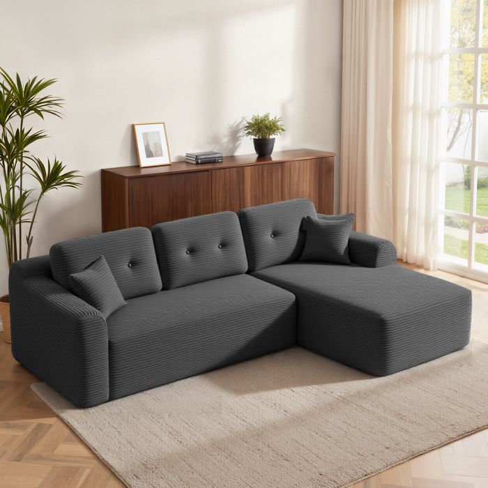 Divano angolare fisso VASAGLE, divano a 3 posti, non richiede montaggio, ampia chaise longue a destra, per soggiorno o camera da letto, grigio