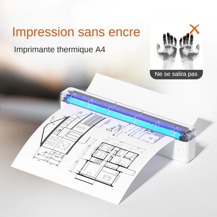 A4 Thermal Printer, Mini Portable Bluetooth Printer, WiFi, No Ink, Weight Only 430g, 251*32*54mm, White