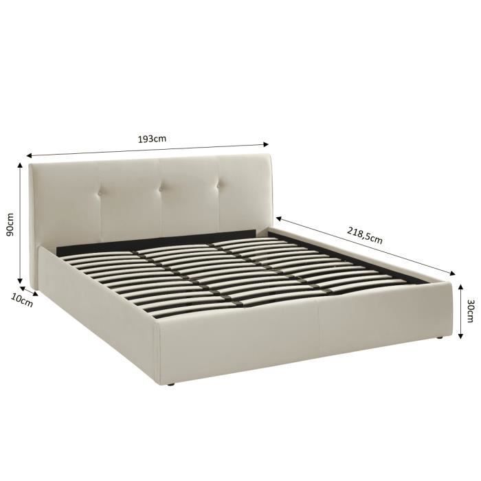 Cama con almacenamiento - BAÏTA - Gama SEGURO - Terciopelo color crema beige - 180 x 200 cm, somier de láminas incluido
