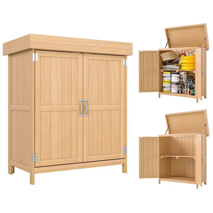 Armario de jardín Outsunny - mueble independiente con doble puerta, estante y techo elevable de betún - madera - 74x43x88cm