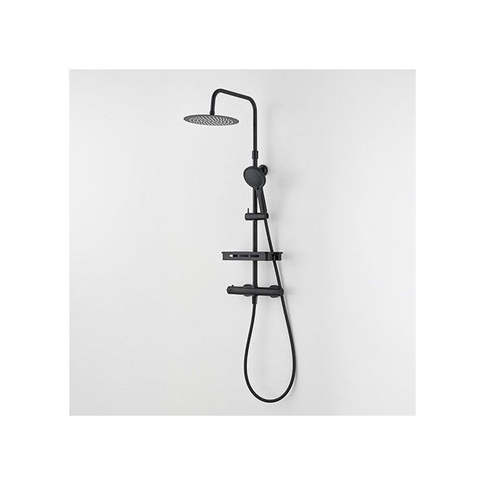 Shower column with thermostatic mixer - Edouard Rousseau - Ars Tab - Black - Round overhead shower - Hand shower