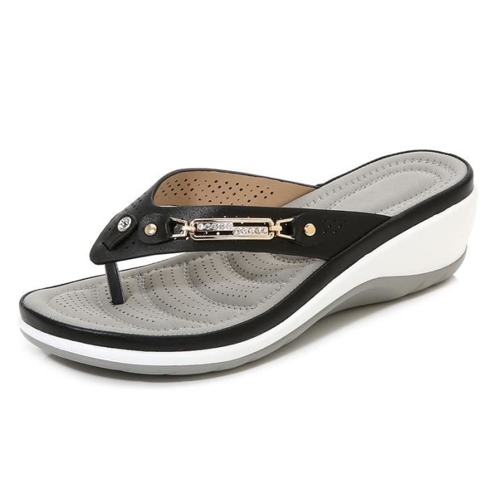 Chanclas de cuña para mujer, de verano, antideslizantes, negras con pedrería - Marca - Modelo