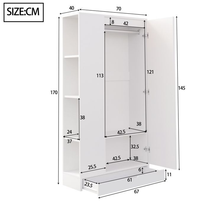 Armoire 70 cm blanche 1 porte avec étagères réglables et grand volume modulable