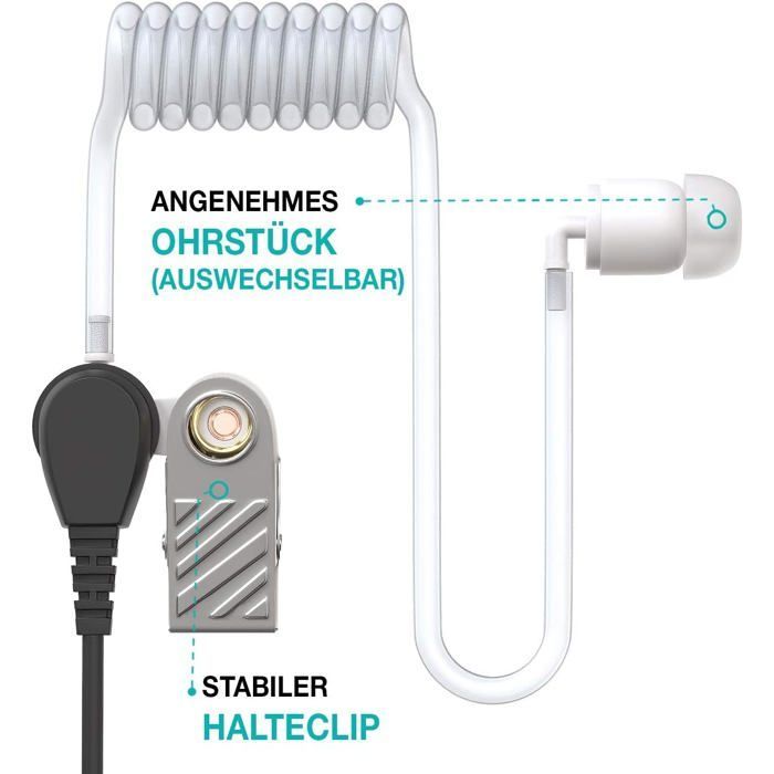 Single-sided in-ear earphone with transparent acoustic tube, 2.5 mm jack and earphone clip for use with hearing aids.